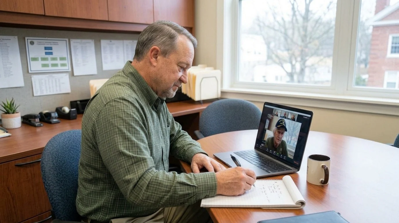 A coach speaking with a veteran on a video call